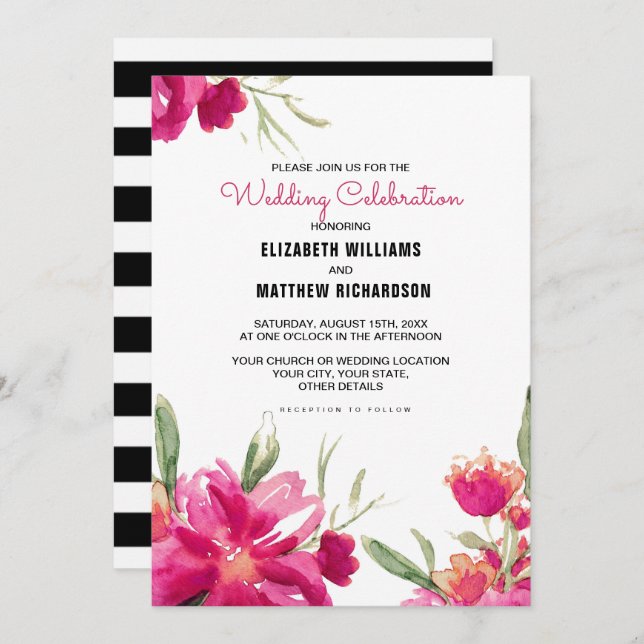 Romantic Fuchsia Floral Black Stripes Wedding Invitation (Front/Back)