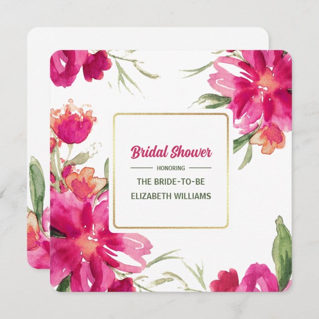 Romantic Fuchsia Floral Watercolor Bridal Shower Invitation (Front/Back)