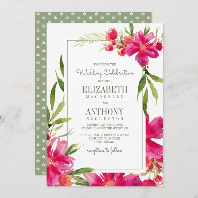 Romantic Fuchsia Green Floral Watercolor Wedding Invitation (Front/Back)