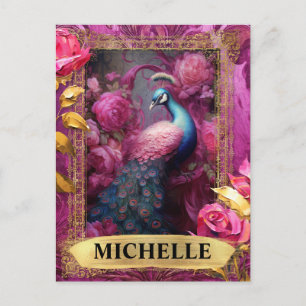 Romantic Fuchsia Peacock and Roses Fantasy Postcard