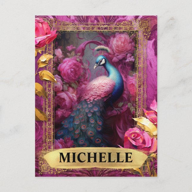 Romantic Fuchsia Peacock and Roses Fantasy Postcard (Front)