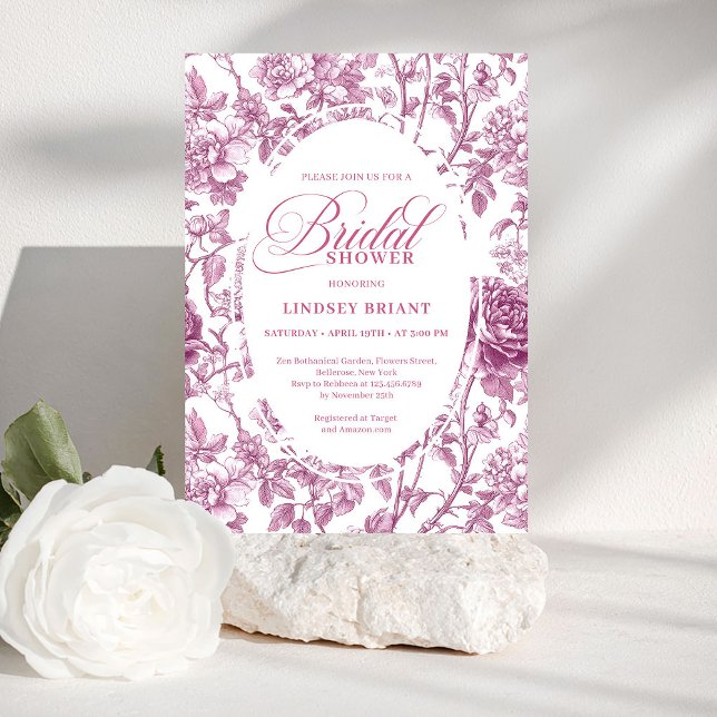Romantic Fuchsia Pink Roses Pattern Bridal Shower  Invitation (Romantic Fuchsia Pink Roses Pattern Bridal Shower Invite)