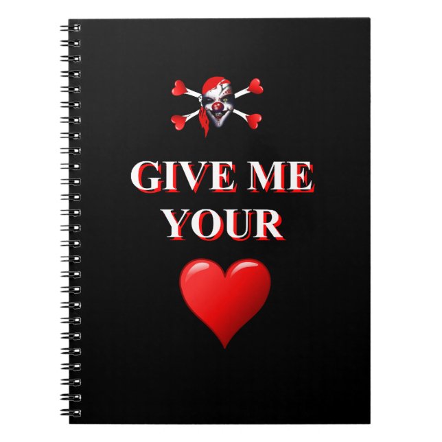 Romantic funny pirate ad red love heart spiral notebook (Front)