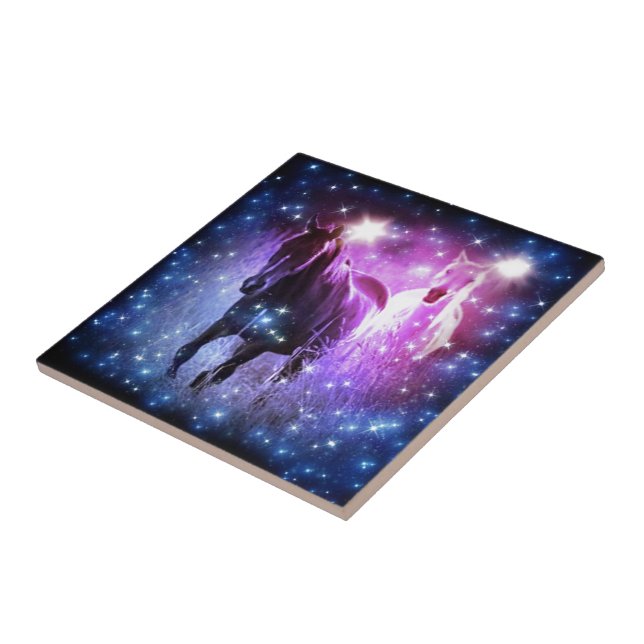 Romantic Galaxy blue purple stars Galloping Horses Tile (Side)
