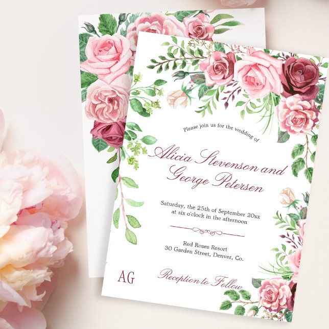 Romantic Garden Blush Pink Roses Monogram Wedding Invitation (Creator Uploaded)