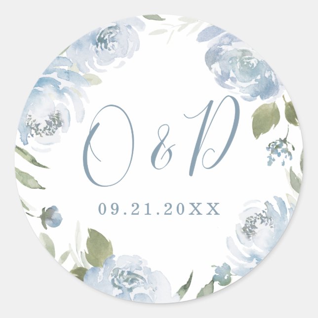 Romantic garden dusty blue floral wedding monogram classic round sticker (Front)
