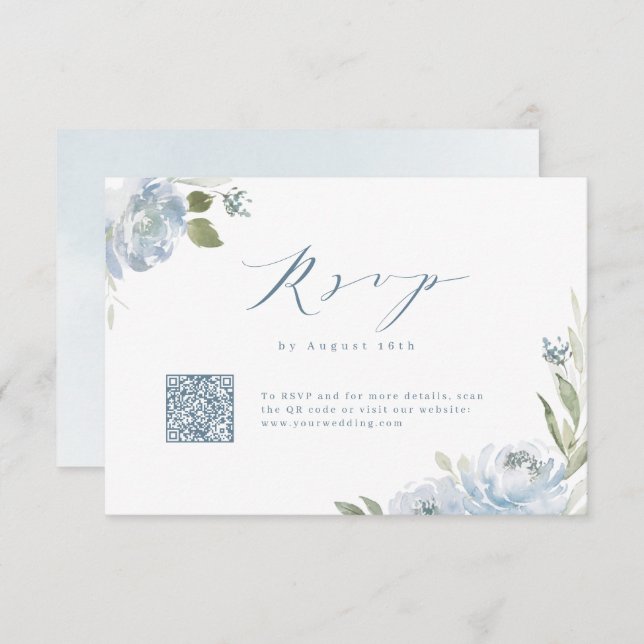 Romantic garden dusty blue floral wedding QR code RSVP Card (Front/Back)