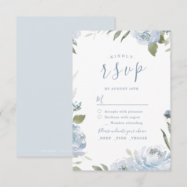 Romantic garden dusty blue floral wedding RSVP Card (Front/Back)