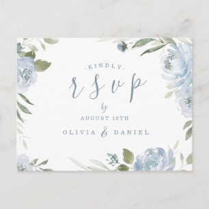 Romantic garden dusty blue floral wedding RSVP Postcard