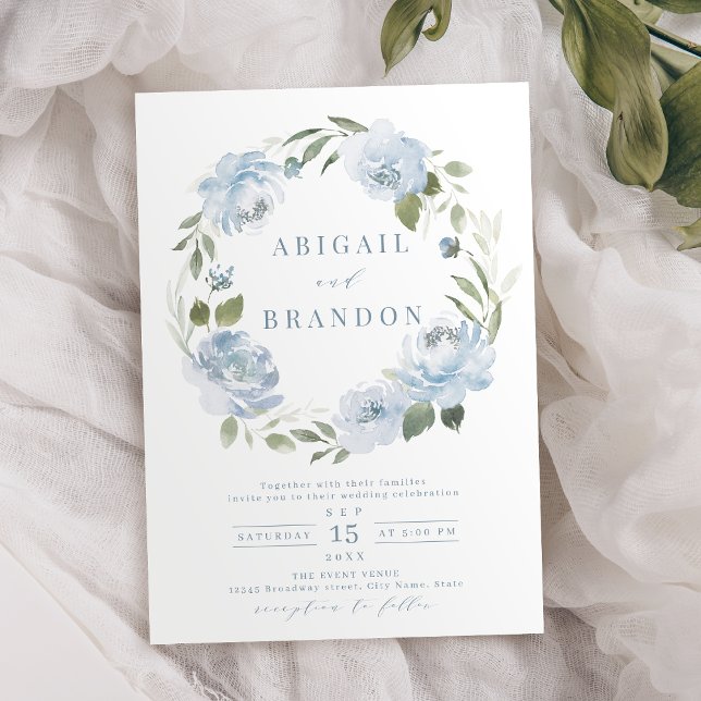 Romantic garden dusty blue floral wreath wedding invitation (Romantic garden dusty blue floral wreath wedding invitation)