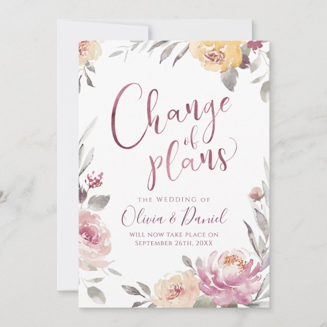 Romantic garden floral calligraphy change of plans invitation (Front)