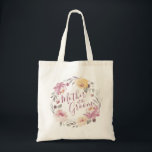Romantic garden floral mother of the groom tote bag<br><div class="desc">Modern mother of the groom script with watercolor floral wreath in muted pastel yellow,  peach and mauve,  elegant and romantic,   cute mother of the groom tote bags.</div>
