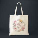 Romantic garden floral mother of the groom tote bag<br><div class="desc">Modern mother of the groom script with watercolor floral wreath in muted pastel yellow,  peach and mauve,  elegant and romantic,   cute mother of the groom tote bags.</div>