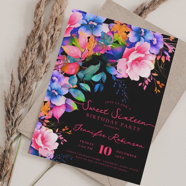 Romantic Garden Floral Sweet 16 Birthday Black Invitation (Romantic Garden Floral Sweet 16 Birthday Black Invitation)