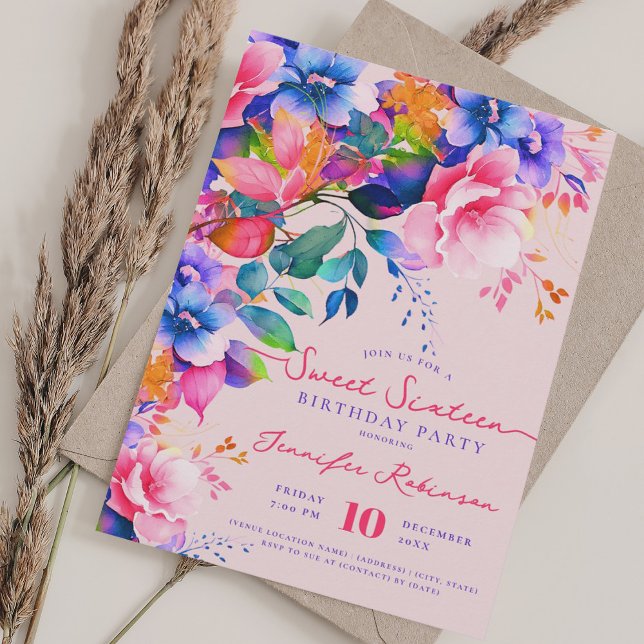 Romantic Garden Floral Sweet 16 Birthday Blush Invitation (Romantic Garden Floral Sweet 16 Birthday Blush Invitation)