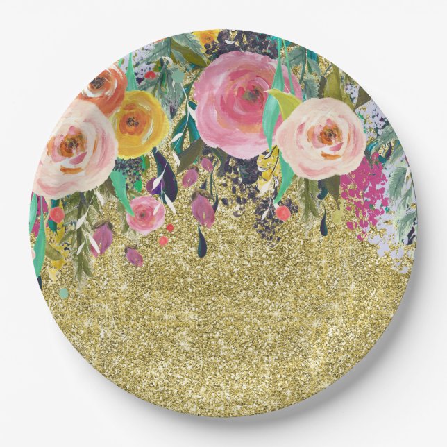 Romantic Garden Floral Watercolor Gold Sparkle Paper Plate (Front)