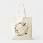 Romantic garden floral wreath bridesmaid tote bag<br><div class="desc">Modern bridesmaid script with watercolor peach floral and botanical greenery wreath,  cute personalised Bridesmaid tote bags for bridal party gifts.</div>