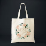 Romantic garden floral wreath mother of the groom tote bag<br><div class="desc">Modern mother of the groom script with watercolor peach floral and botanical greenery wreath,  elegant and romantic,   cute mother of the groom tote bags.</div>