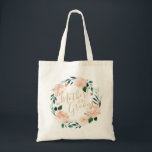Romantic garden floral wreath mother of the groom tote bag<br><div class="desc">Modern mother of the groom script with watercolor peach floral and botanical greenery wreath,  elegant and romantic,   cute mother of the groom tote bags.</div>