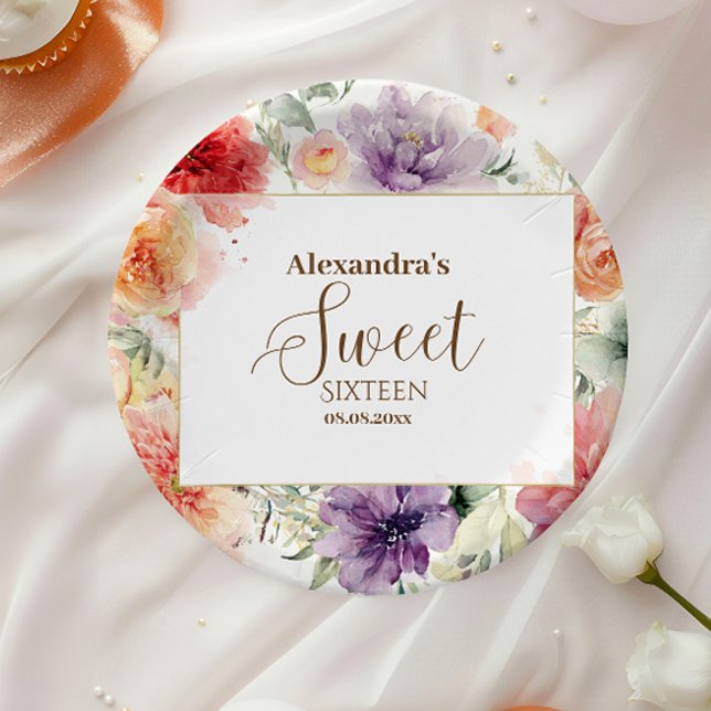 Romantic Garden Florals Sweet Sixteen Paper Plate (Creator Uploaded)