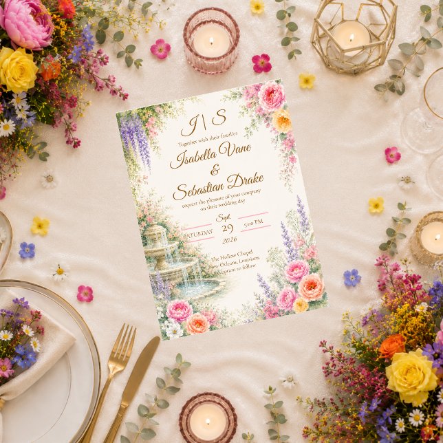 Romantic Garden Fountain Bloom Wedding  Invitation (Creator Uploaded)