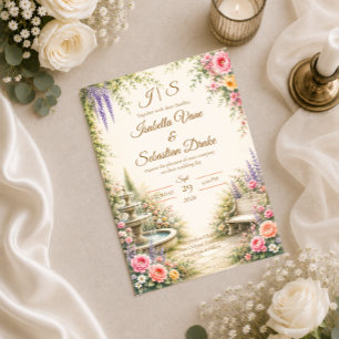 Romantic Garden Fountain Elegance Wedding Invitation