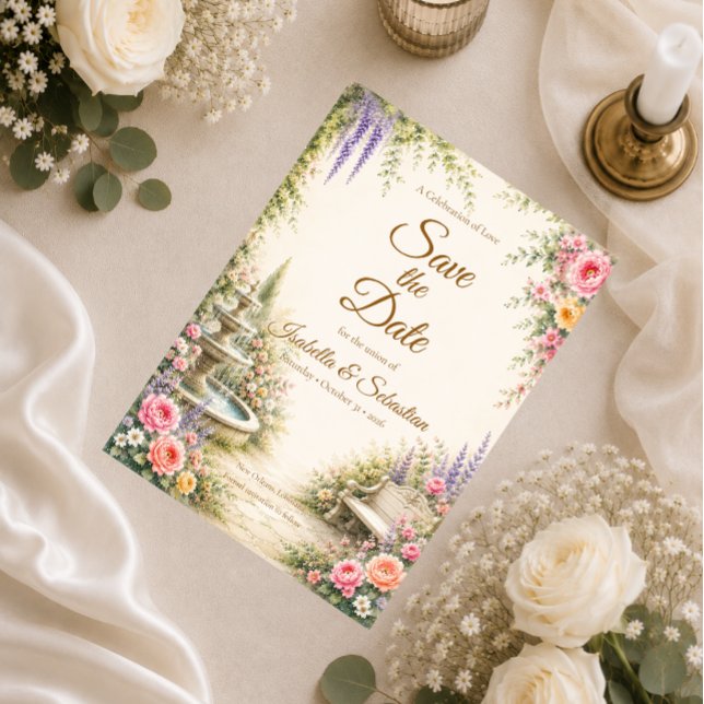Romantic Garden Fountain Elegance Wedding Save The Date (Creator Uploaded)