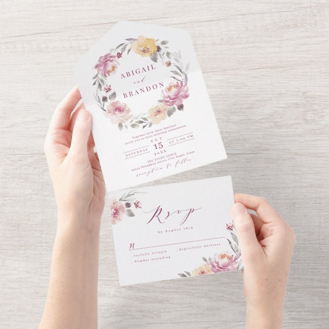 Romantic garden mauve floral wreath wedding all in one invitation (Tearaway)