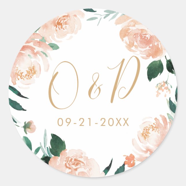 Romantic garden peach floral wedding monogram classic round sticker (Front)