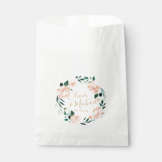 Romantic garden peach watercolor floral wedding favour bags (Front)