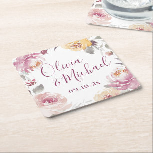 Romantic garden watercolor floral couples names square paper coaster