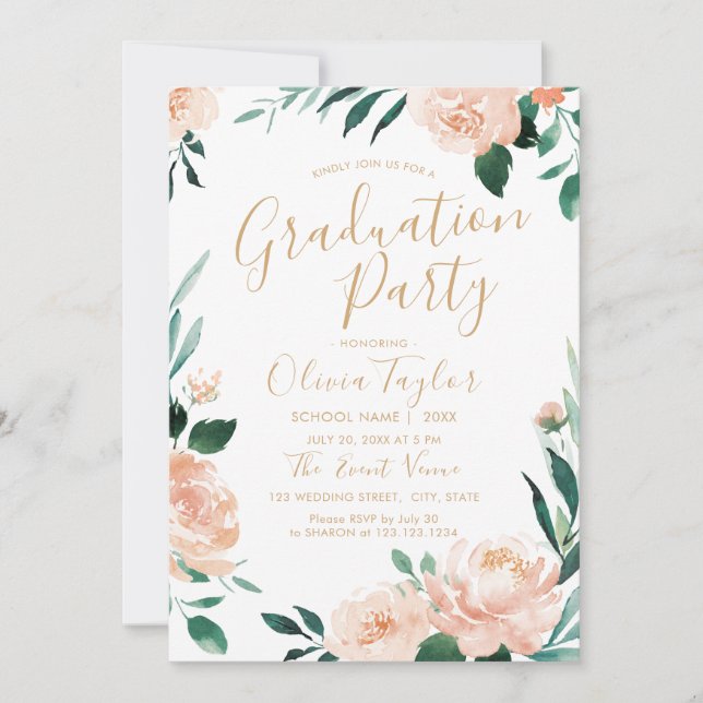 Romantic garden watercolor floral graduation party invitation (Front)