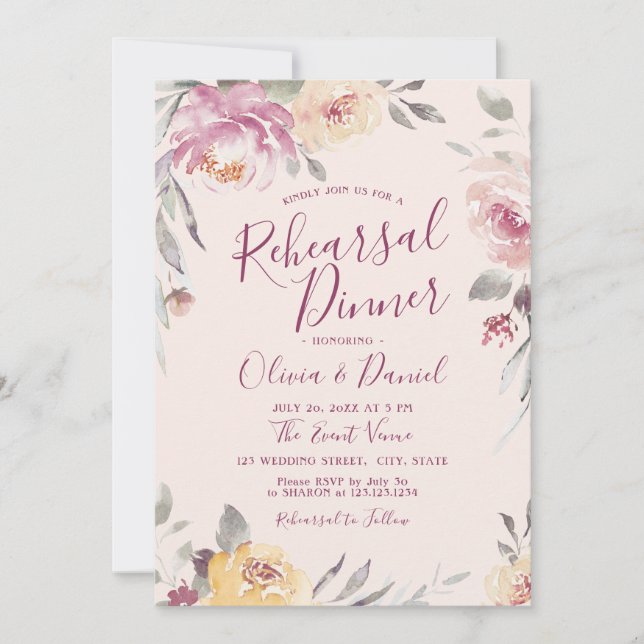 Romantic garden watercolor floral rehearsal dinner invitation (Front)
