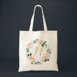 Romantic garden watercolor floral wreath monogram tote bag<br><div class="desc">Modern watercolor peach floral and botanical greenery with monogram,  elegant and romantic,   great personalised bridal party gifts.</div>