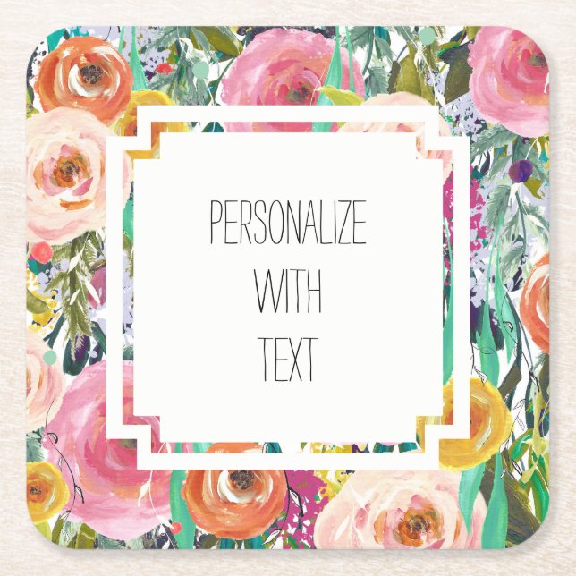 Romantic Garden Watercolor Flowers Square Paper Coaster (Front)