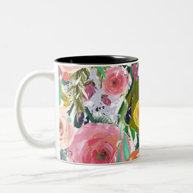 Romantic Garden Watercolor Flowers Two-Tone Coffee Mug (Left)