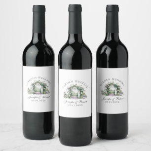 Romantic Garden Wedding Floral Arch Fountain Wine Label