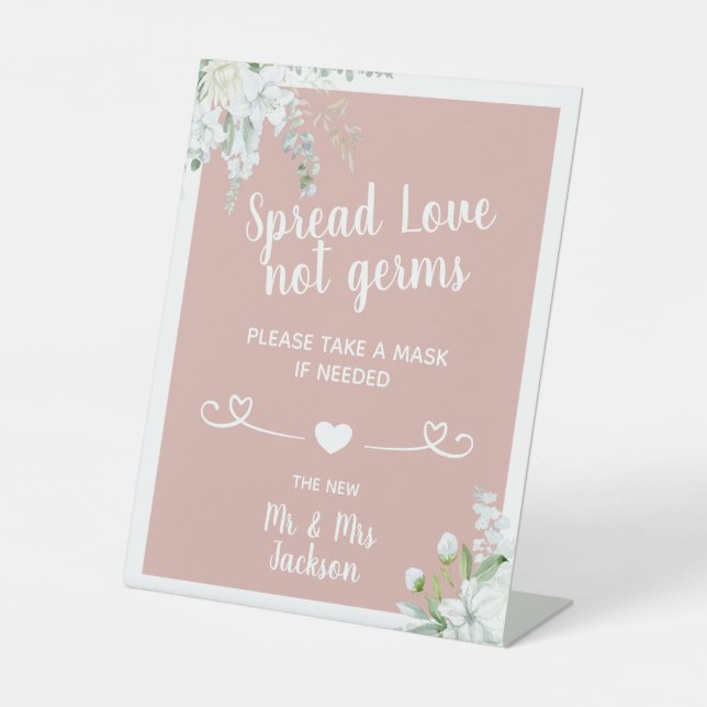 Romantic gentle flowers wedding covid safety mask pedestal sign (Front)