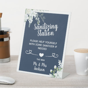 Romantic gentle flowers wedding covid sanitising p pedestal sign