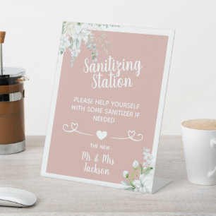 Romantic gentle flowers wedding covid sanitising p pedestal sign