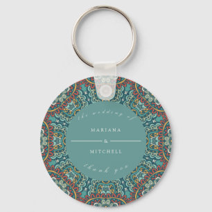 Romantic Geometric Mandala soft blue grey and red Key Ring
