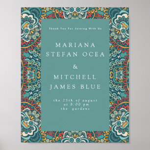 Romantic Geometric Mandala soft blue grey and red Poster