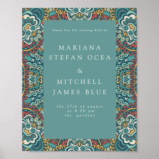 Romantic Geometric Mandala soft blue grey and red  Poster (Front)