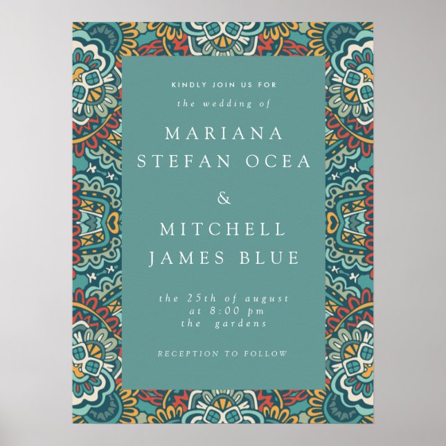 Romantic Geometric Mandala soft blue grey and red  Poster (Front)