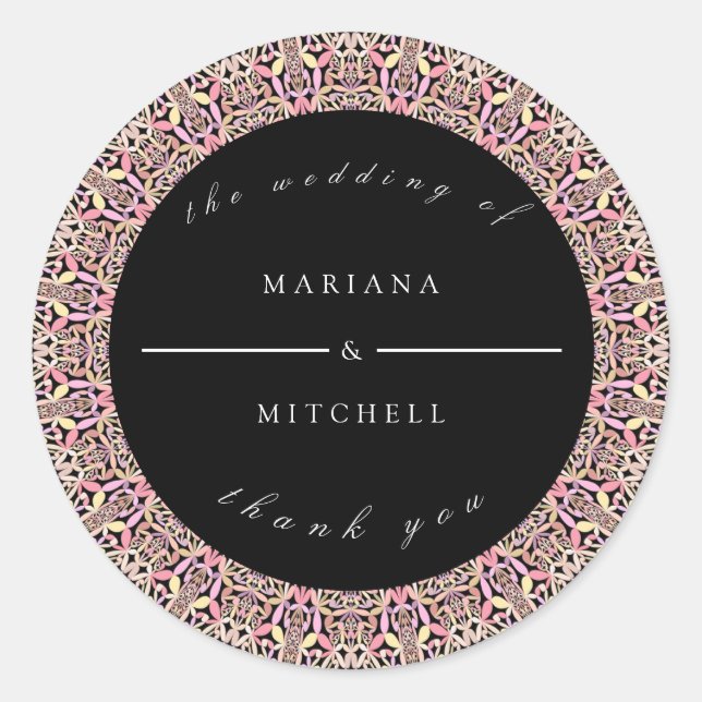 Romantic Geometric Mandala soft Pink Black Invitat Classic Round Sticker (Front)