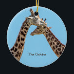Romantic Giraffe Couple Portrait Name Ceramic Tree Decoration<br><div class="desc">Romantic ornament featuring a portrait of two giraffes,  neck-to-neck,  head-to-head,  in an affectionate kissing pose against a bright blue sky. You can easily personalize with a couple's names,  creating a special gift that your special couple will enjoy for many holidays to come. Photo taken at San Diego,  California.</div>