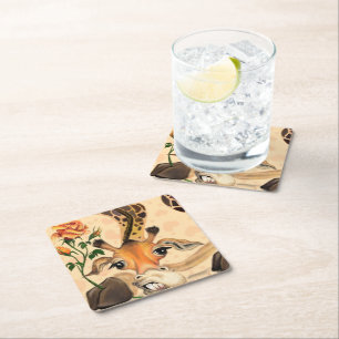 Romantic Giraffe - Gentleman - Add Your Text /Name Square Paper Coaster