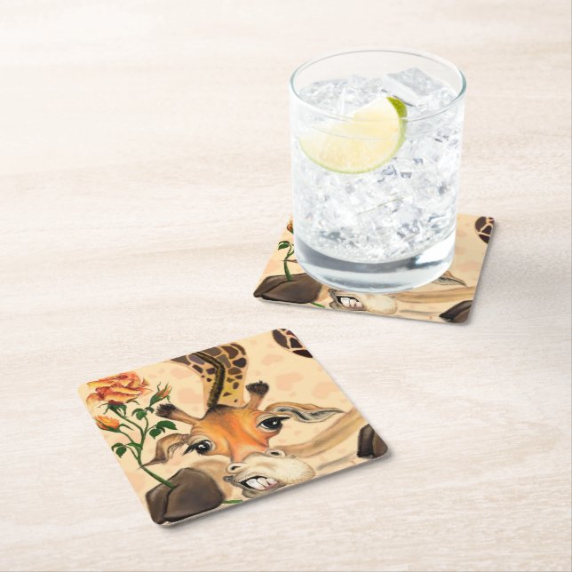 Romantic Giraffe - Gentleman - Add Your Text /Name Square Paper Coaster (Insitu)