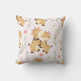 Romantic Giraffes with Floral Accents Cushion