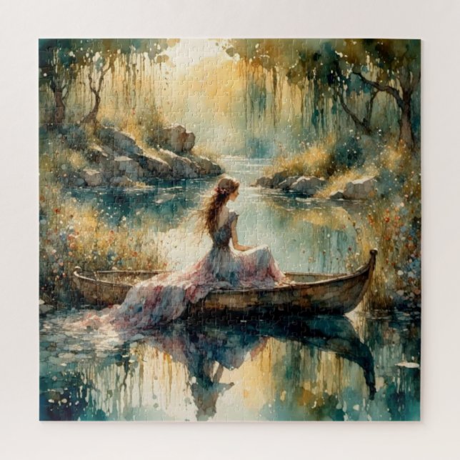 Romantic Girl in wooden boat on Lake Jigsaw Puzzle (Vertical)